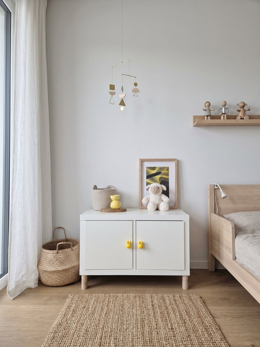 IKEA Kallax kids' cabinet with pink and blue ceramic bunny knobs and pink furniture legs
