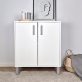 Grey cabinet handle on modern white cabinet, enhancing minimalist interior decor.