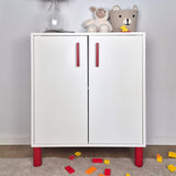 Kids' room furniture featuring colorful ball furniture legs in red under a white cabinet.