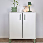 White cabinet with Green cabinet handles and legs