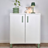 White cabinet with Green cabinet handles and legs