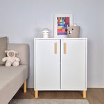 Yellow cabinet handles and legs on IKEA Eket white cabinet