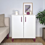 Plum cabinet handles and legs on white IKEA cabinet