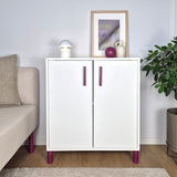 Plum cabinet handles and legs on white IKEA cabinet