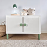 Kallax cabinet with green round knobs and legs