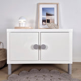 White KALLAX cabinet with grey knobs and legs