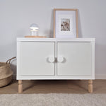 Ikea Kallax with Wooden cabinet legs and white knobs