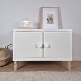 Ikea Kallax with Wooden cabinet legs and white knobs