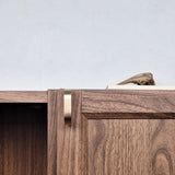 Brass cabinet pull on a wooden cabinet, adding elegance to modern furniture design.