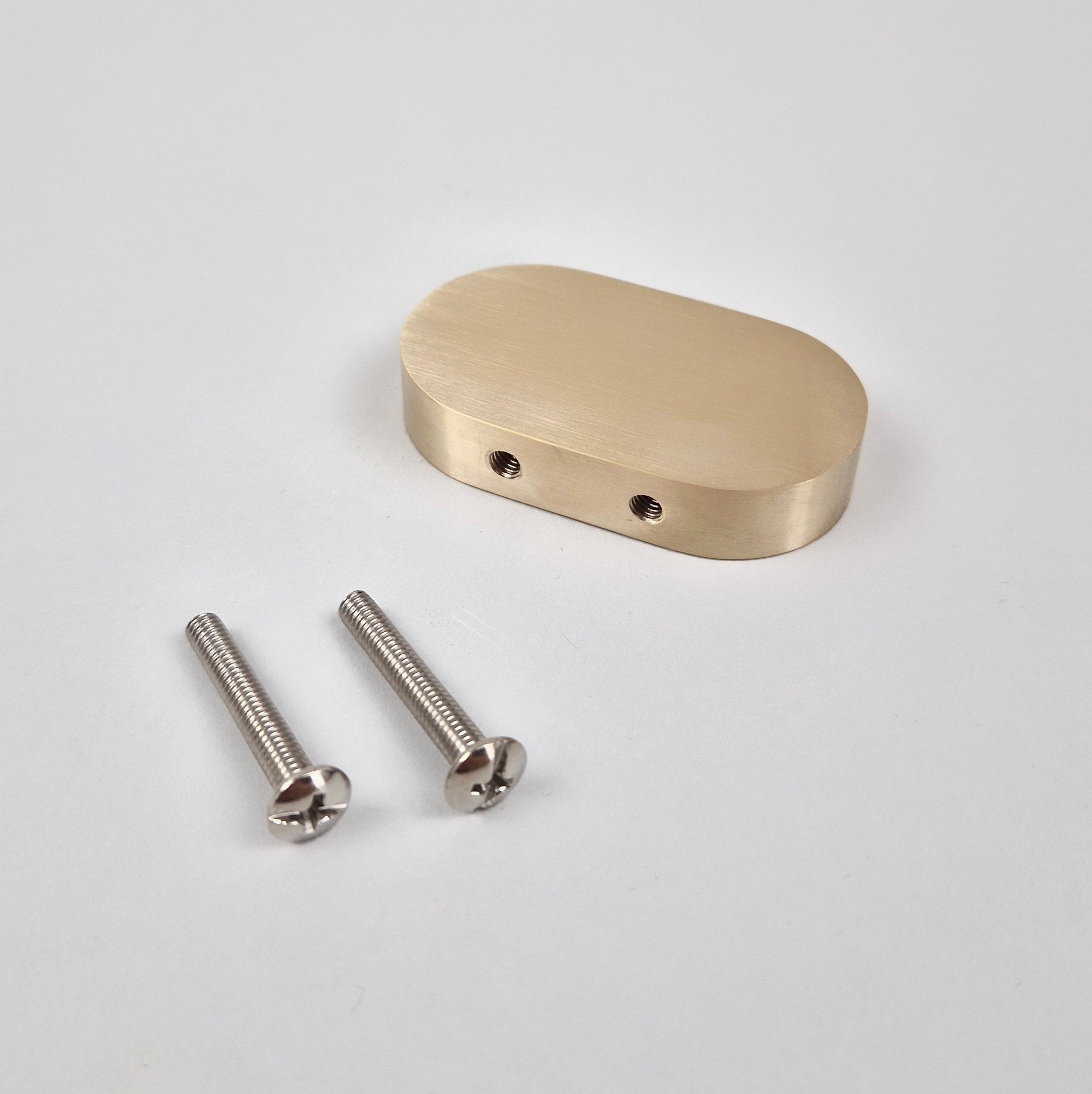 Brass cabinet pull with two screws for installation, featuring a sleek, flat oval design.