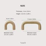 Brass cabinet pull size measurements with dimensions for thickness, height, and hole spacing.