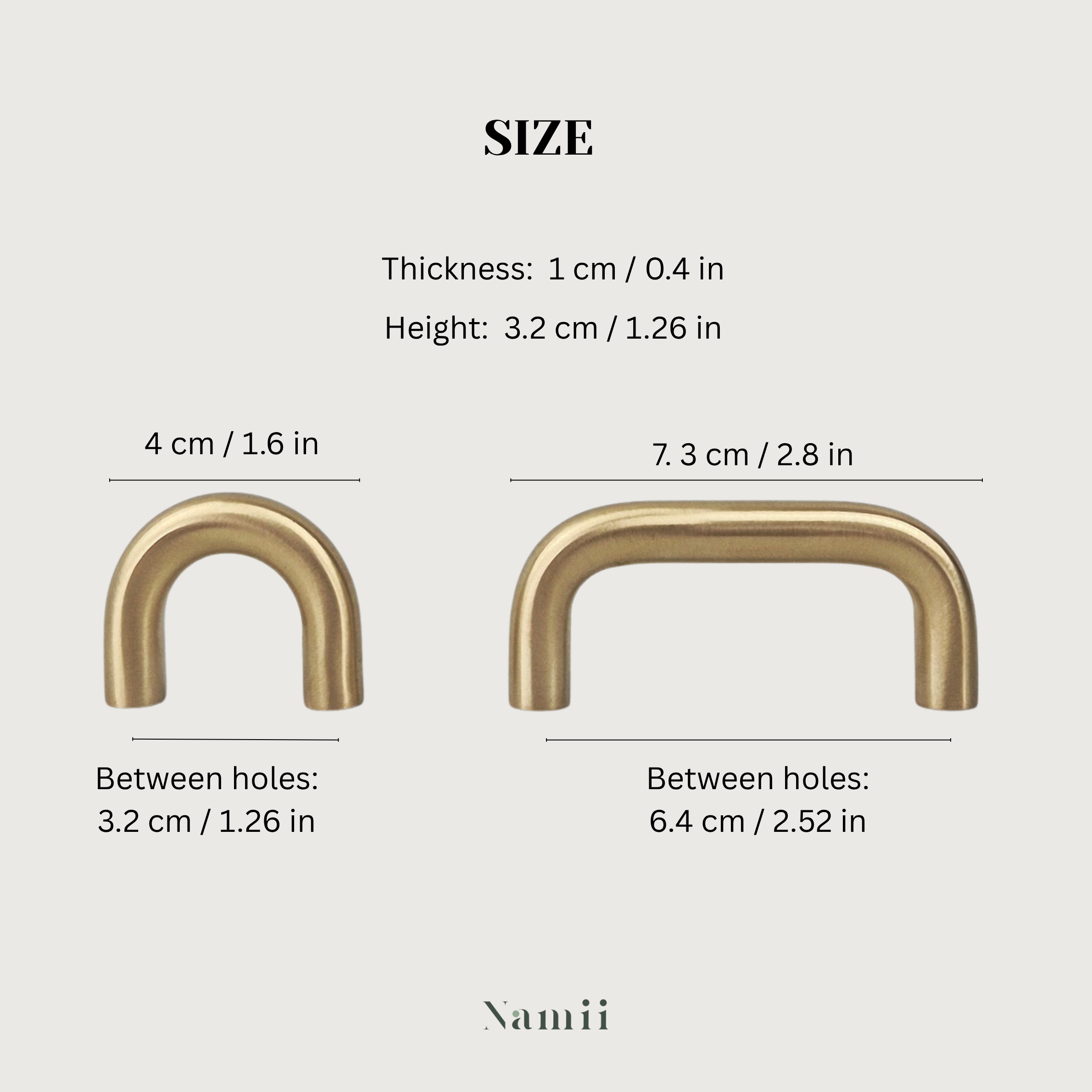 Brass cabinet pull size measurements with dimensions for thickness, height, and hole spacing.