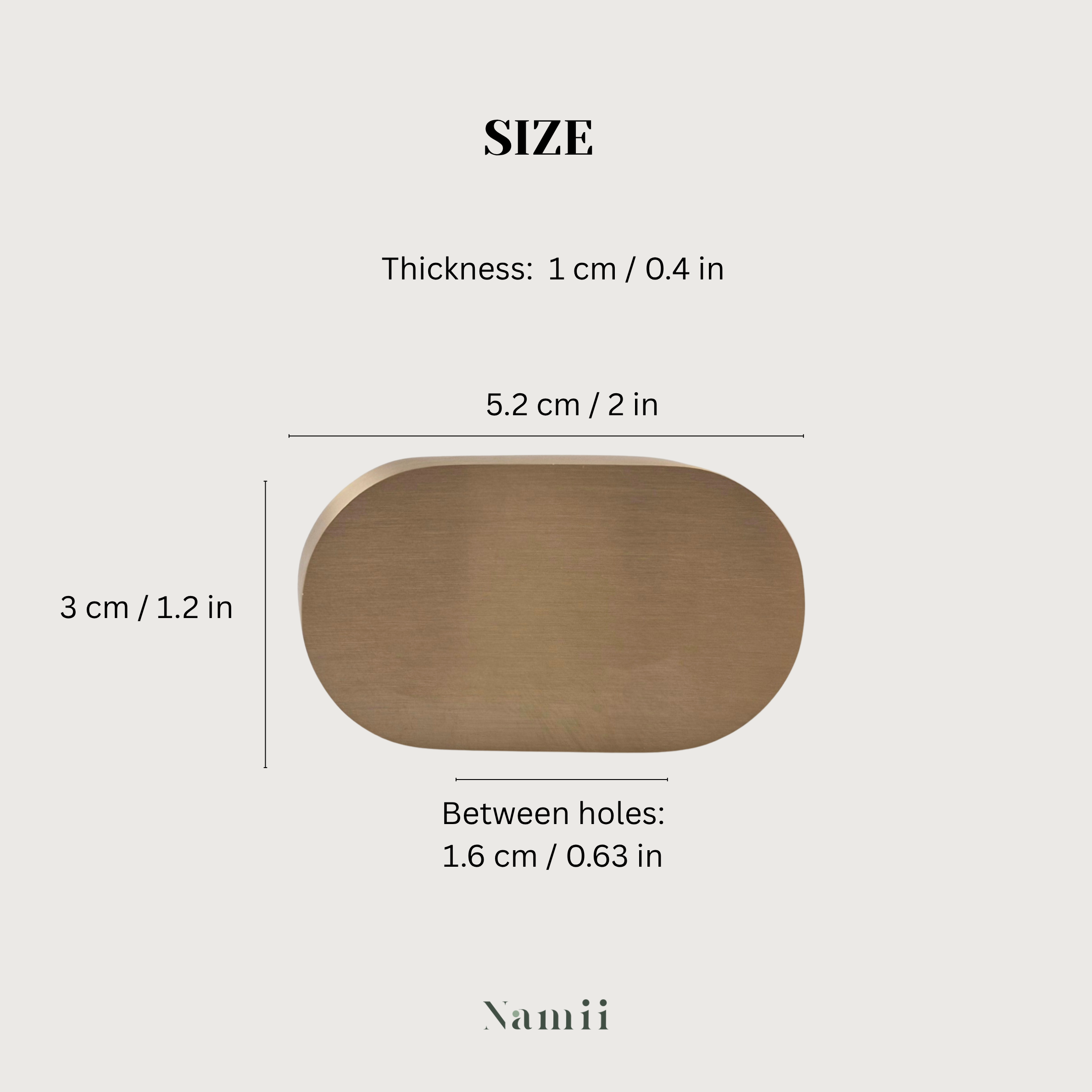 Brass cabinet pull size dimensions showing thickness, width, height, and hole spacing for accurate installation.