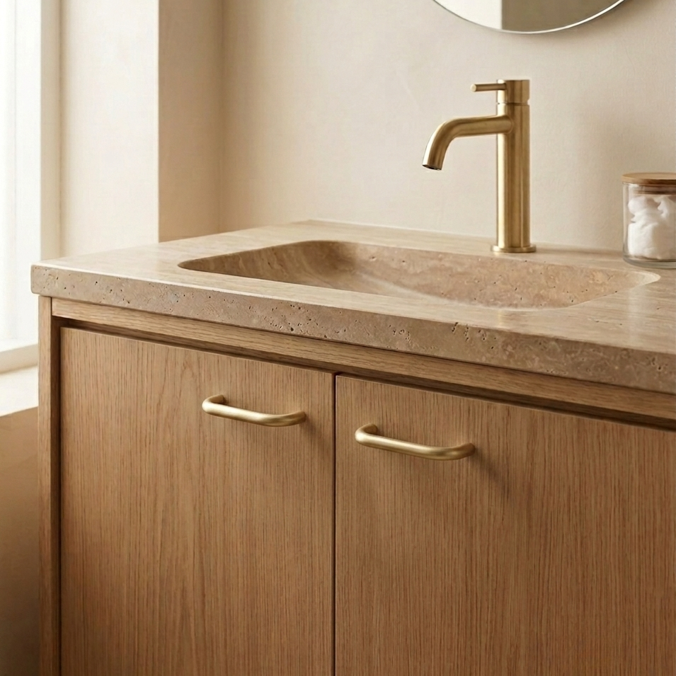 Brass cabinet pull on a modern wooden bathroom cabinet with a stone countertop and faucet.