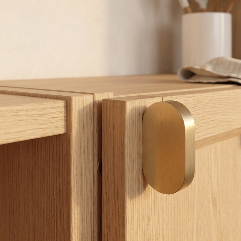 Brass cabinet pull mounted on a wooden cabinet, showcasing its elegant design and warm satin finish.