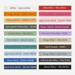 Color swatches with names and codes on a white background