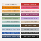 Color swatches with names and codes on a white background