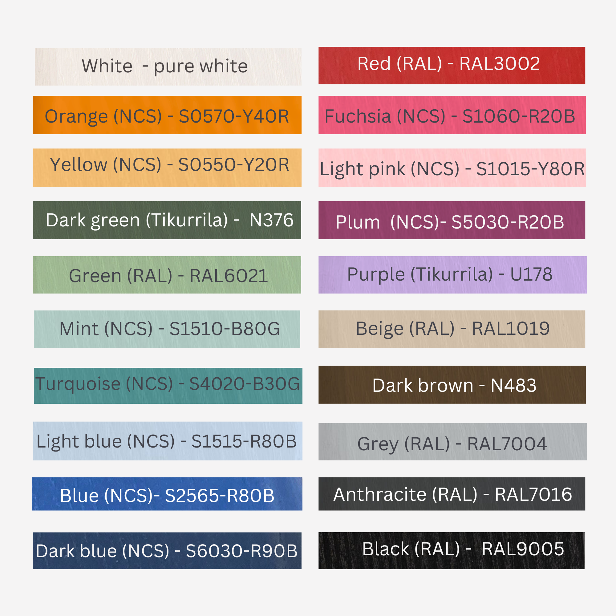 Color swatches with names and codes on a white background